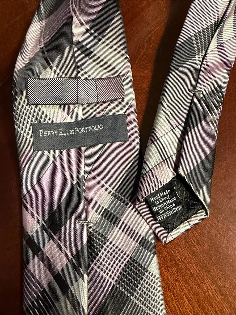 Perry Ellis Pink and Gray Plaid Tie